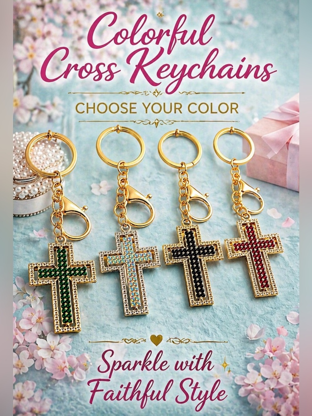 Colorful Rhinestone Cross Keychain - Choose 1 Color